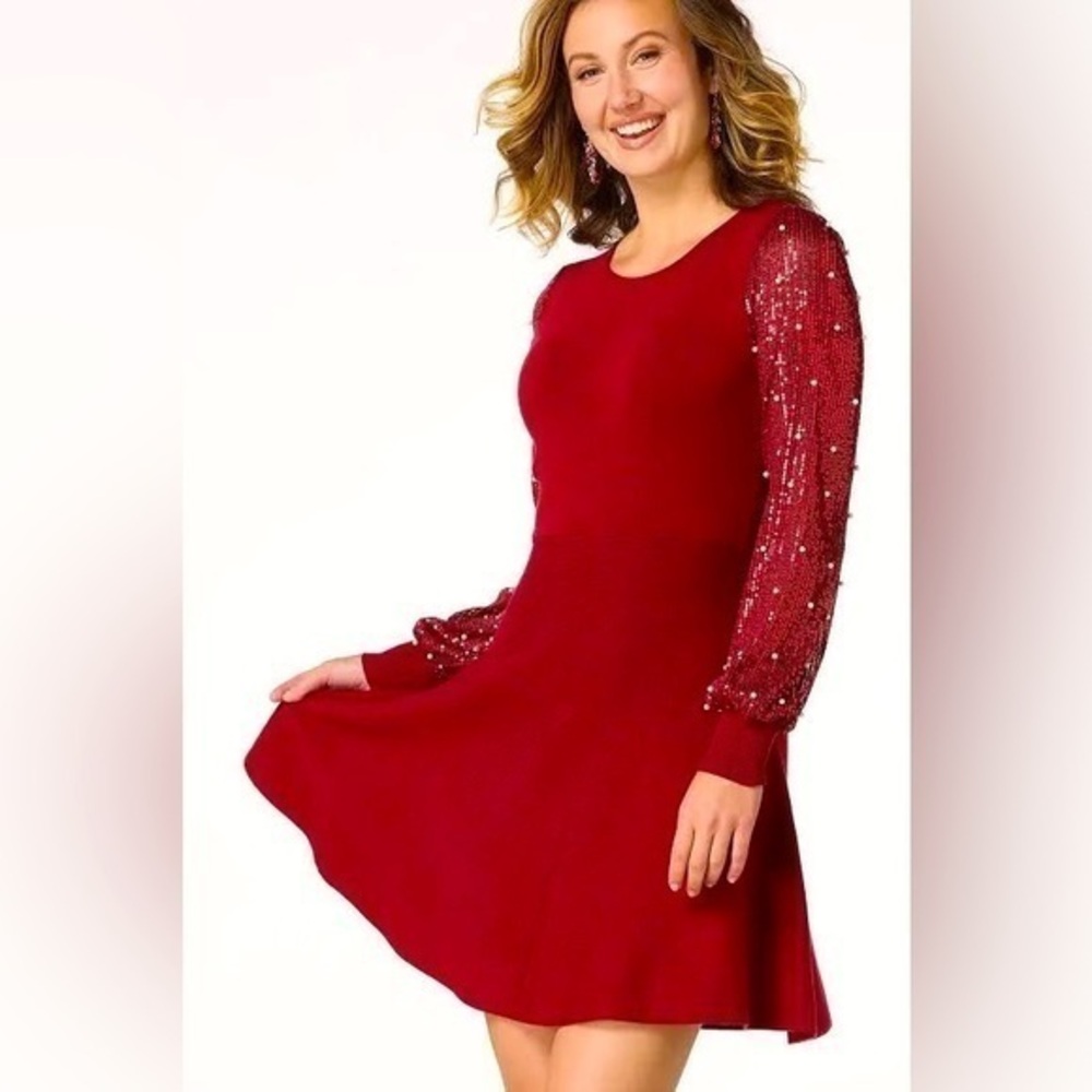 CATO Elegant Red Sweater Dress with Pearl Sequin Sleeves 14/16 NWT